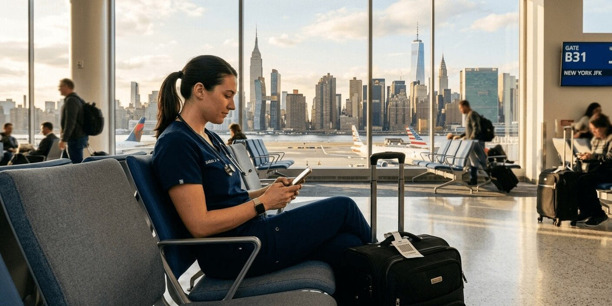 Healthcare professional checking phone data plan before a US placement