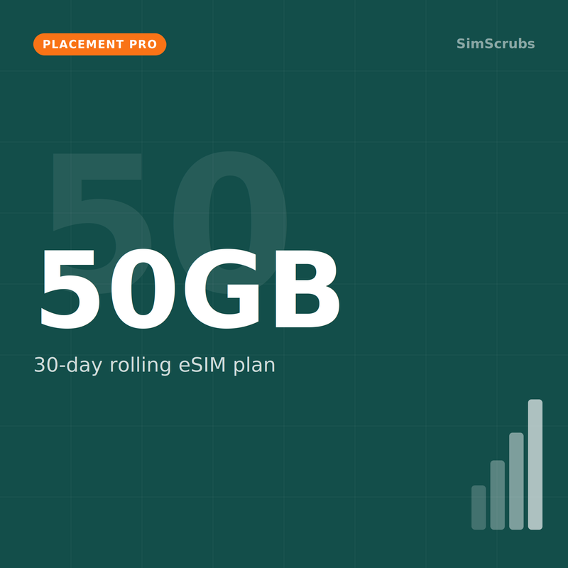 SimScrubs Placement Pro - 50GB Data eSIM 30-Day Plan - eSIM data plan for UK healthcare professionals on international placement